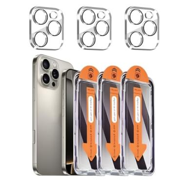 Imagem de Pacote com 3 + 3 protetores de tela para iPhone 16 Pro Max com protetor de lente de câmera cobertura total, película de vidro temperado anti-espião, dureza 9H, fácil instalação, sem bolhas [6,9