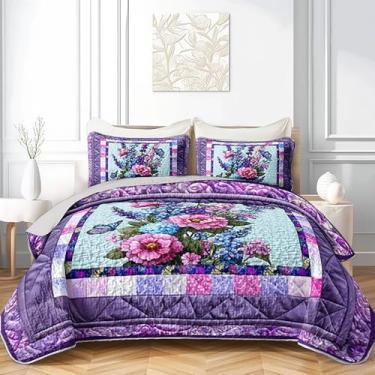 Imagem de AILONEN Conjunto de colcha com estampa floral roxa tamanho casal com 2 fronhas, colcha acolchoada de borboleta lavanda macia, leve, conjunto de cama xadrez de flores, 3 peças