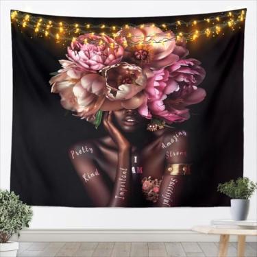 Imagem de jejeloiu Tapeçaria para meninas negras GG 177,8 cm x 233,7 cm cobertor de parede com tema de mulher africana infantil para meninos meninas mulheres rosa floral arte de parede respirável moda leve