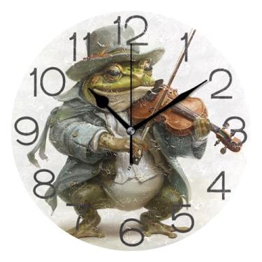 Imagem de GAIGEO Relógio de parede analógico decorativo escritório cozinha relógio estético silencioso sem tique-taque, decoração de parede de meados do século, sala de estar, sapo de desenho fofo violino, 25