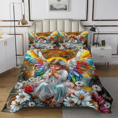 Imagem de Erosebridal Conjunto de colcha de 3 peças de anjo para meninas, conjunto de colchas de aréola de anjo arco-íris com flores boho, exóticas, conjunto de colcha com tema de anjo para bebê, decoração de