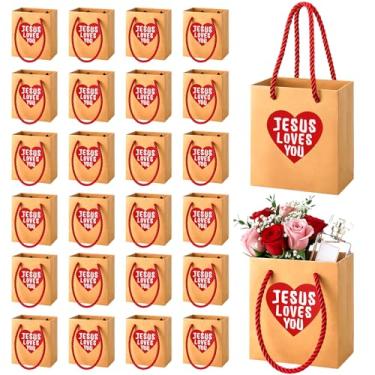 Imagem de Fullhawl 50 peças de mini sacos de presente de Dia dos Namorados Jesus Loves You Small Heart Goodie Favor Sacos de papel com alça 10 x 10 x 7 cm para eventos cristãos (papel kraft)