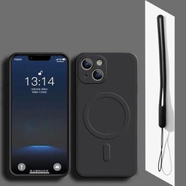 Imagem de Capa magnética com carregador sem fio para iPhone 16, 15, 14, 13, 12, 11 Pro Max, XR, XS, 7, 8 Plus, capa preta de silicone com alça, preta, para iPhone 13 ProMax