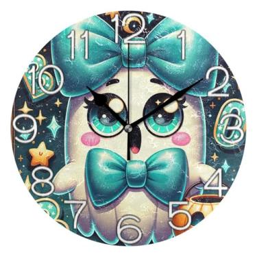 Imagem de Relógio de parede analógico decorativo redondo sem tique-taque silencioso relógio de cozinha rústico, arte de parede boho, decoração de casa, desenho animado fofo dia das bruxas, verde, 25 cm
