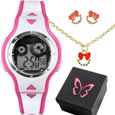 Imagem de Relogio Infantil Digital Rosa + Colar + Caixa adolescente branco espor