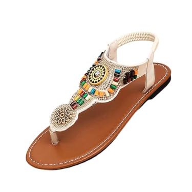 Imagem de Sandálias rasteiras femininas modernas casuais com design de contas de strass boêmio espinha de peixe grande, Bege, 38