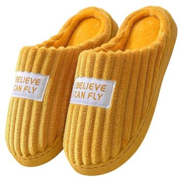 Imagem de Pantufas femininas aconchegantes para uso interno com sola grossa e design fofo para conforto quente no inverno, Amarelo, 35