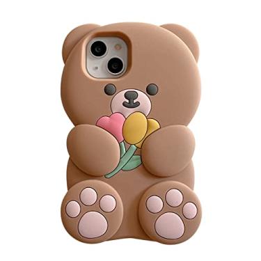 Imagem de YAKVOOK Capas de telefone Kawaii compatíveis com iPhone 15, linda flor de desenho animado urso de pelúcia marrom capa feminina meninas 3D capa à prova de choque de silicone macio para iPhone 15