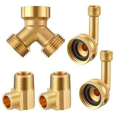 Imagem de Feekoon Kit de acessórios de tubulação de latão de 5 peças, cotovelo giratório para lava-louças e pias, adaptador de mangueira de latão de 1,9 a 3/20.3 cm, conector de 2 vias, para lava-louças e pias