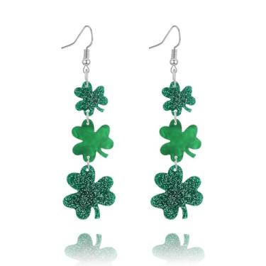 Imagem de Brincos femininos do Dia de São Patrício – Brincos pendentes de acrílico com trevo verde da sorte – Presente perfeito para o festival irlandês para roupas e camisas do Dia de São Patrício, Regular
