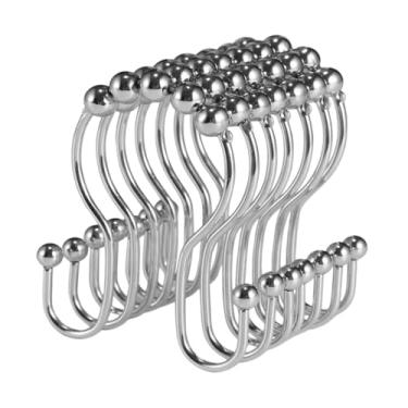 Imagem de Pacote com 12 ganchos de cortina de chuveiro de aço inoxidável – anéis de gancho duplo com rolamento de esferas deslizantes, perfeitos para banheiros, acessórios de cortina de chuveiro duráveis, prata