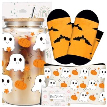 Imagem de Presentes de Halloween para mulheres, lindo conjunto de presentes de aniversário para irmãs amigas professoras, boo Basket Stuffers com copos de vidro de 473 ml