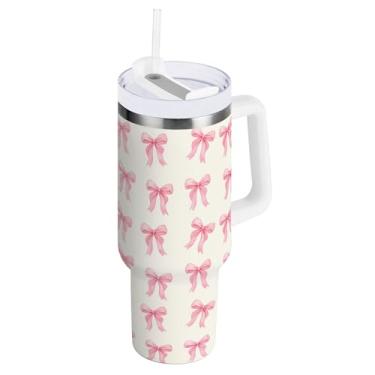 Imagem de SEHANY Copo fofo com laço rosa de 1,134 g com alça, copo isolado de aço inoxidável a vácuo de parede dupla, à prova de vazamento, caneca de café isolada para viagem cabe no suporte de copo de carro