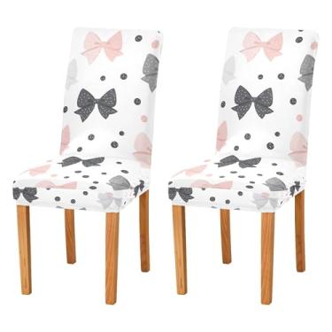 Imagem de SEHANY Conjunto de 2 capas de cadeira com laço de bolinhas rosa para sala de jantar, elástico, removível e lavável, para cozinha, hotel, festa, Natal