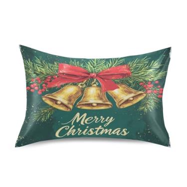 Imagem de SEHANY Fronha de seda verde com sinos de Natal para cabelo e pele, capa de almofada respirável super macia e macia com envelope para casa, quarto, hotel, padrão 50 x 76 cm