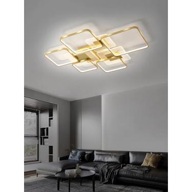 Imagem de Luminária de teto LED moderna e criativa com moldura quadrada, dimerizável e com controle remoto, ideal para cozinha, escritório, quarto e sala de jantar (dourada, 5 lâmpadas).