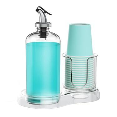 Imagem de BYAWAY Dispensador de enxaguante bucal para banheiro com suporte de copo recipiente de vidro removível para enxaguante bucal 473 g, dispensador de lavador bucal recarregável para bancada