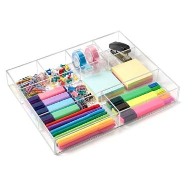 Imagem de Briwooody Organizador de gaveta de mesa de acrílico transparente 35 x 20 x 5 cm para canetas, artigos de papelaria, mesa, escritório, banheiro, cozinha, suprimentos de maquiagem (7 compartimentos)
