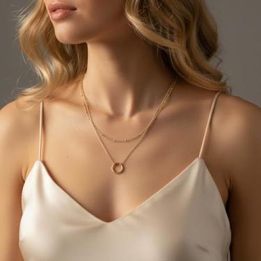 Imagem de Colar feminino em camadas de prata 925 e banhado a ouro 14K – Corrente empilhável ajustável com pingente circular, joia moderna retrô para presente de ocasião especial, 15+3inchs extension, Latão, Sem