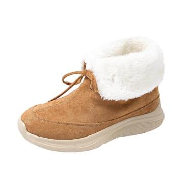 Imagem de Botas curtas femininas casuais quentes de inverno com cadarço frontal bico redondo plano e sola grossa para uso no tornozelo, Marrom, 35