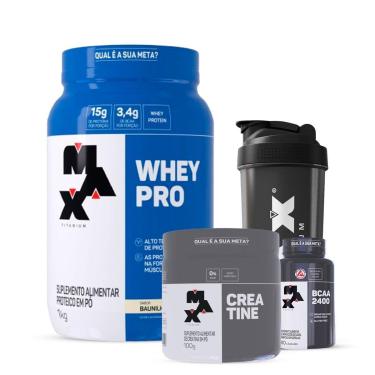 Imagem de Combo Whey Pro, Creatina 100g, BCAA 60c e Coqueteleira Max-Unissex