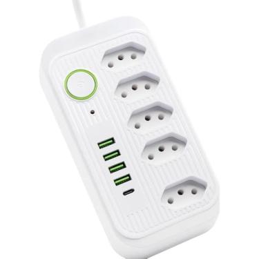 Imagem de Filtro de Linha Extensão 5 Tomadas 10A com 4 USB e 1 Tipo-C, Cabo 2m, Bivolt 110-220V, Potência 2500W - Branco Premium