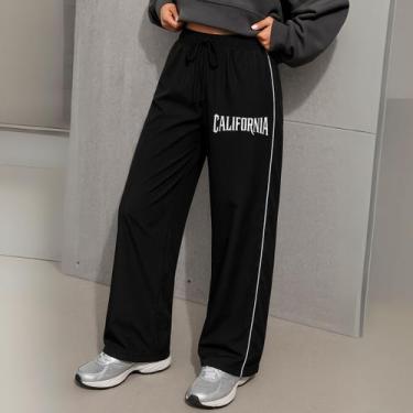 Imagem de Calça Feminina Reta Larga Preta com Estampa California - Lush!, Preto,