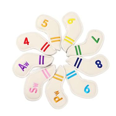 Imagem de Conjunto de capas de cabeça de ferro de golfe 9 peças de material PU à prova d'água protetores de cabeça de taco forrados de lã grossa para sacos de golfe com bordado numerado 4 5 (Branca)