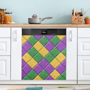 Imagem de ATTX Mardi Gras Diamond Grid capa magnética para lava-louças | Adesivo decorativo de eletrodomésticos de 58 x 66 cm para armários domésticos e eletrodomésticos (290)