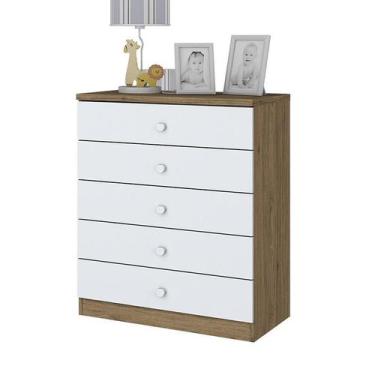 Imagem de Cômoda Infantil Bala de Menta 5 Gavetas Rústico/Branco - Móveis Henn, 