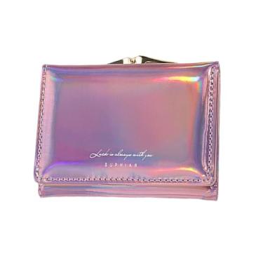 Imagem de Porta-cartão PU gravado a laser para mulheres jovens elegante carteira compacta tripla, rosa, Carteira feminina