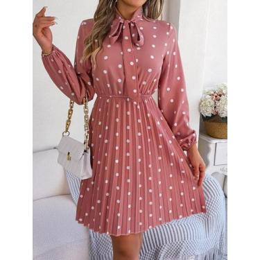 Imagem de Vestido Mini Elegante Com Mangas Longas E Estampa De Poá, Com Laço, Pr
