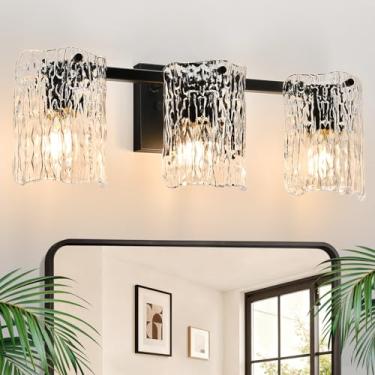 Imagem de MOKATNG Luminárias de banheiro modernas, 3 luzes de vaidade com sombra de vidro ondulado de água, luzes de banheiro pretas lâmpada de parede para espelho sala de estar armário quarto (49,5 cm)