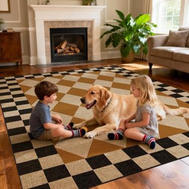 Imagem de JROSING Tapete de juta lavável quadriculado fácil 12 x 18 cm, marrom preto, geométrico, moderno, externo, pátio, grande, tapete de tecido fino para sala de estar, jantar, sala de jogos, quarto, sala