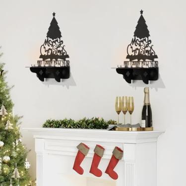 Imagem de Castiçais de metal Merry Christmas, suporte de vela de metal preto, castiçal, suporte de vela preto, suporte de vela, decoração de parede de pinheiro para sala de estar (preto 1, 6 x 24,6 cm, 1 peça)