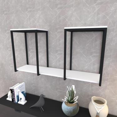 Imagem de Prateleira Industrial Suspensa Estante Parede Nicho Branca Ferro E Madeira Suporte Pratileira