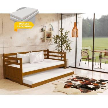 Imagem de Sofá Cama Rústico Madeira Maciça Enjoy Com Auxiliar E 2 Colchões - Imbuia - Cor: Marrom