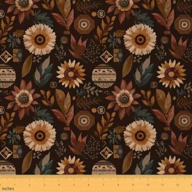 Imagem de Feelyou Groovy Floral Fabric by The Yard Tecido de estofamento com estampa floral botânica para cadeiras padrão de flores à prova d'água decoração interna ao ar livre tema natural 1 jarda marrom opaco