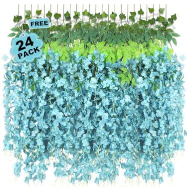 Imagem de LELEE 25 peças de flores artificiais para pendurar glicínias 1,1 m azul claro flores falsas penduradas guirlanda flores de seda corda de ratã sintética videira para parede, casa, festa de casamento