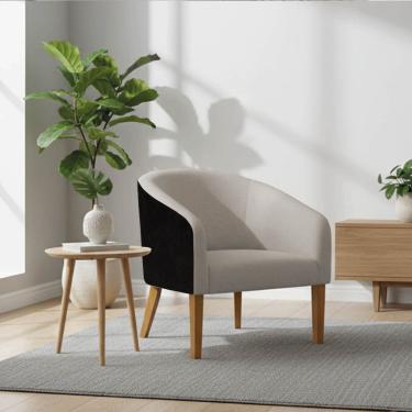 Imagem de Poltrona Sala Stella Pé Madeira Trapézio Castanho Sintético PU Preto Linho Cinza D03 - D'Rossi