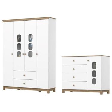 Imagem de Guarda Roupa 4 Portas e Comoda 4 Gavetas Aconchego Branco Jequitiba HP