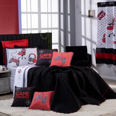 Imagem de Kit Cobre Leito Colcha Solteiro Game Streamer Vermelho Dupla Face Com Almofadas Estampa...