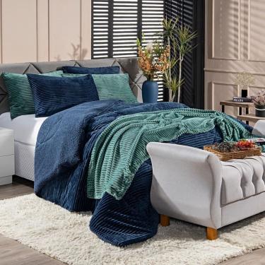 Imagem de Kit Coberdrom Canelado Boston King 03 Peças - Dupla Face Manta E Sherpa Colorida Cor Azul Marinho