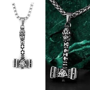 Imagem de Corrente Cordão Masculino 60cm Pingente Martelo Thor Nórdico Runas Viking Odin Aço Inox-Masculino