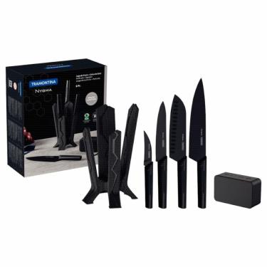 Imagem de Jogo de Facas Tramontina Nygma com Lâmina em Aço Inox e Cabos de Polipropileno Preto com Suporte e Caixa de Som 06 Peças
