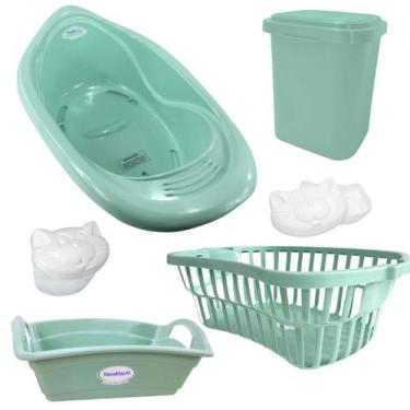Imagem de Kit banho bebe plastibaby 6 pçs banheira cesto lixeira saboneteira por