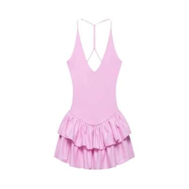 Imagem de Vestido Mini Rosa Halter Feminino Chique Com Decote V E Camadas De Bab