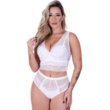 Imagem de Conjunto Top Cropped Calcinha Hot Pant Feminino Clamar Tulle e Renda -