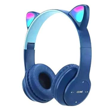 Imagem de Fone de Ouvido Orelhas de Gato Infantil com Leds Bluetooth Dobrável Az
