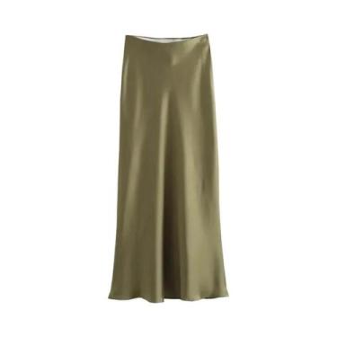 Imagem de Saia Midi De Cetim Preta Para Mulheres, Cintura Alta, Saia Verde Flare